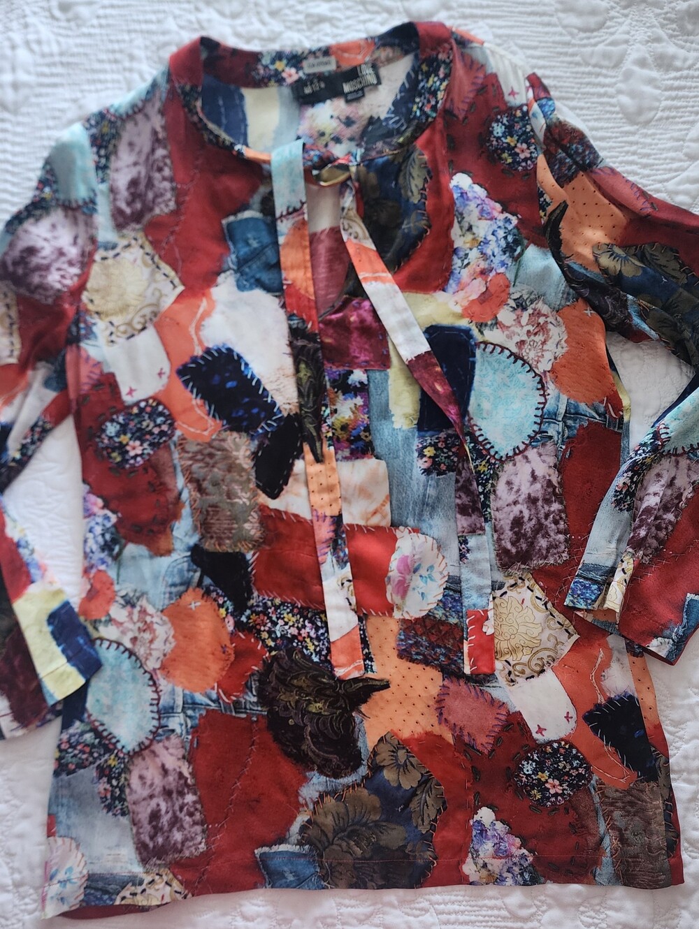 Authentic LOVE MOSCHINO Patchwork Print Tie-Neck Blouse Top Size US 4 / S
